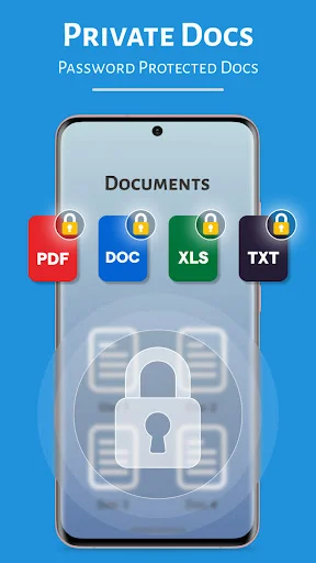 Password-protected document vault showing secured PDF, DOC, XLS, TXT files with lock icon for document safety