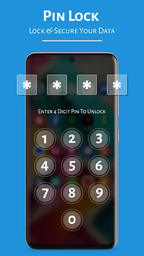 4-digit PIN lock entry screen with numbered keypad for securing private vault app access and data protection