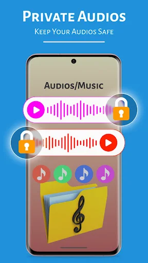 Private audio file storage showing locked music tracks with waveforms and security icons for audio privacy
