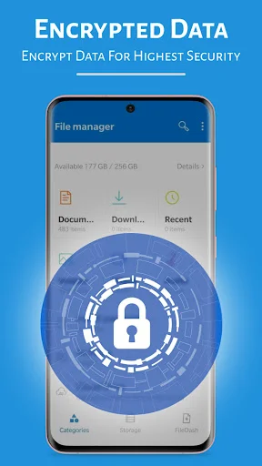 Data encryption interface with circular lock icon on file manager for highest level security and privacy
