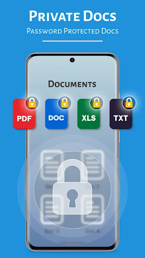 Private documents protection featuring password-secured PDF, DOC, XLS, TXT file types with lock icon overlay