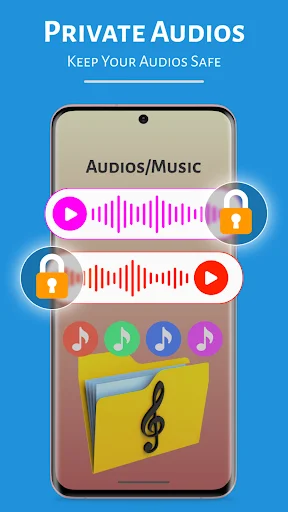 Private audio vault showing secured music files with lock icons, waveforms, and yellow music folder storage