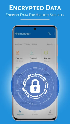Encrypted data security screen with blue lock icon overlay on file manager interface for maximum data protection