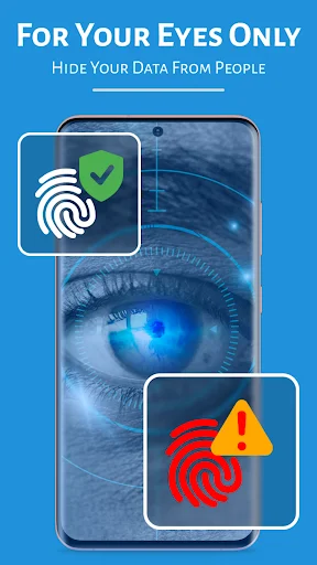 Biometric security screen showing fingerprint authentication with eye imagery for private data access control