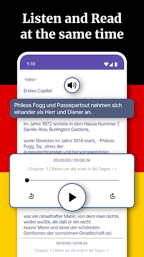 German Reading and Listening app interface showing simultaneous audio playback and text display with play controls