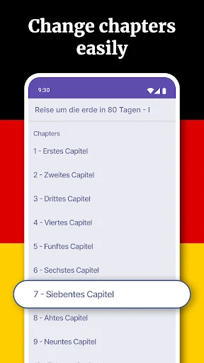 Chapter selection screen in German learning app displaying organized book chapters for structured reading progression