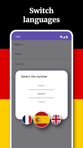 Language selection menu in German learning app with English, Spanish, French options and flag icons for easy switching
