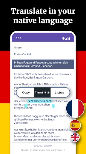 German text translation feature with Copy, Translate, Listen buttons for instant native language conversion and audio