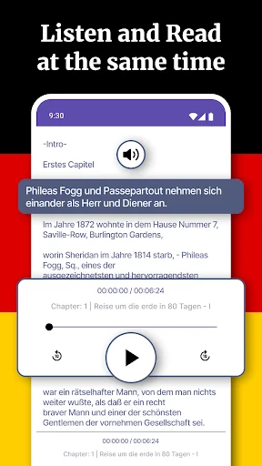 German Reading and Listening app main interface displaying synchronized audio and text learning with media controls