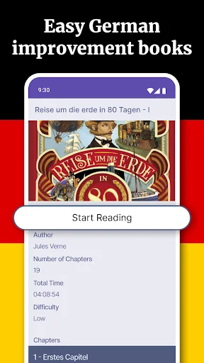 German language education app book library showing classic literature with author details and reading progress tracking
