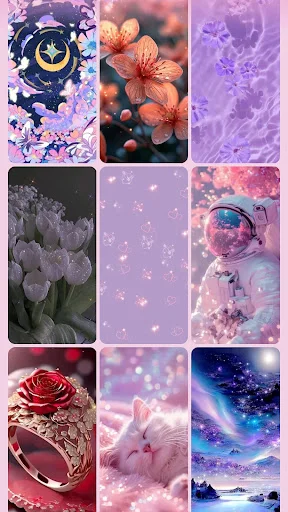 Glitter Wallpapers For Girls app grid showing 9 sparkly backgrounds: purple flowers, orange blooms, roses, space themes
