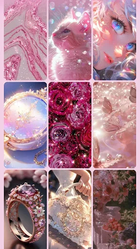 Cute glitter wallpapers collection featuring pink marble, anime character, holographic spheres and floral designs