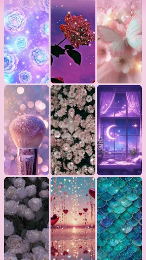 Girls wallpaper collection with holographic roses, red flowers, white butterfly and purple window scene designs