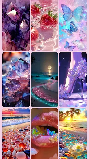 Sparkly phone backgrounds featuring purple crystals, moonlit beach, glass slipper and tropical sunset wallpapers