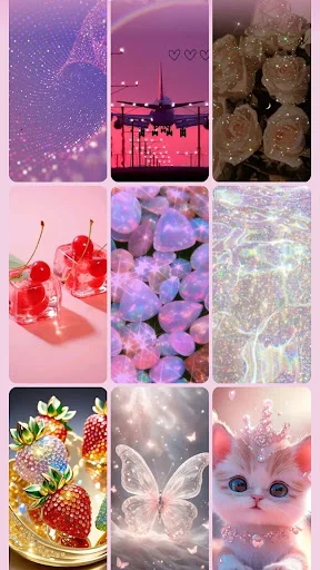 Glitter wallpapers grid showing constellation, city skyline, teddy bears and iridescent bubble designs for girls
