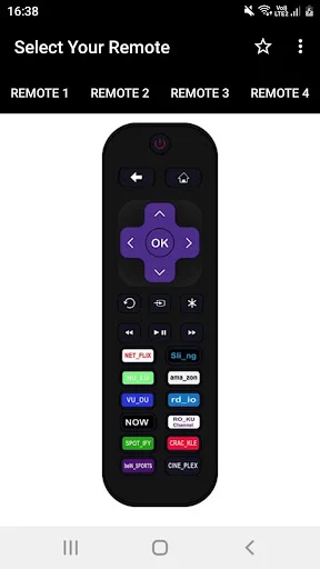 Hisense TV Remote Controller app showing Remote 1 with streaming service buttons, directional pad, and media controls