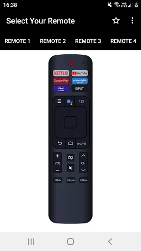 Hisense TV Remote 2 interface with Netflix, YouTube buttons, volume controls, and navigation directional pad layout