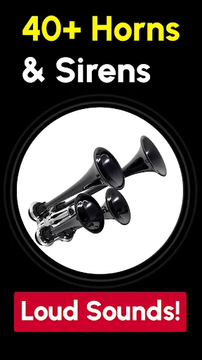 Air Horn Sound app splash screen featuring 40+ Horns & Sirens with loud sounds text and horn icon on black background