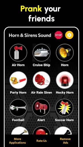 Horn & Sirens Sound app main screen showing 9 sound buttons: Air Horn, Cruise Ship, Horn, Party Horn, Air Rain Siren, Alert
