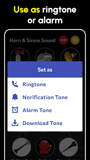 Air Horn app ringtone settings menu with options to Set as Ringtone, Notification Tone, Alarm Tone, or Download Tone
