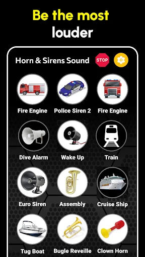 Horn & Sirens app sound collection displaying Fire Engine, Police Siren, Train, Euro Siren and other loud emergency sounds