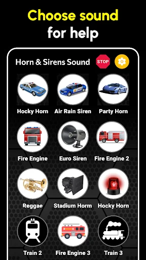 Air Horn Sound app emergency help sounds featuring Police Cars, Fire Engines, Train horns and Stadium Horn options