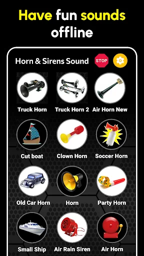 Horn & Sirens offline sound library with Truck Horn, Air Horn, Clown Horn, Soccer Horn and various entertainment sounds