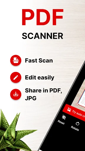 PDF Scanner app home screen showing Fast Scan, Edit easily, and Share in PDF/JPG features with smartphone display