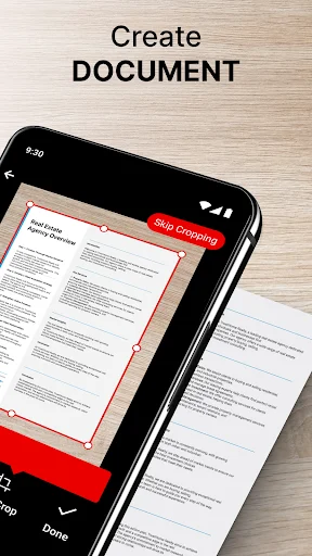 Create Document screen in PDF Scanner app displaying document capture interface with crop controls and Done button