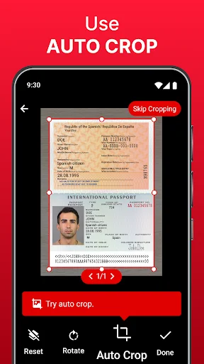 Auto Crop feature in PDF Scanner app showing passport document scanning with Reset, Rotate, and Auto Crop options