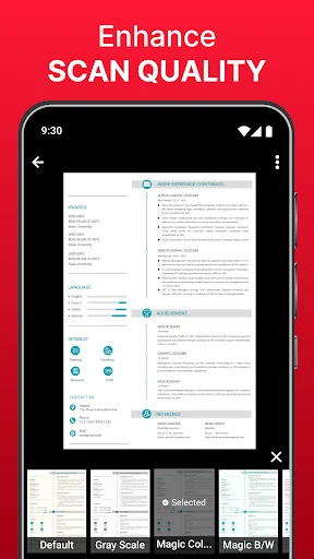 Scan Quality enhancement screen with document preview and filter options: Default, Gray Scale, Magic Color, Magic B/W