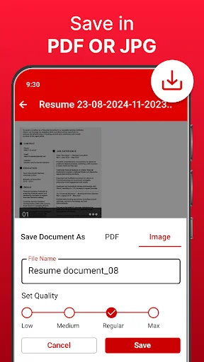 Save Document screen in PDF Scanner app with PDF/JPG format options, file naming field, and quality settings slider