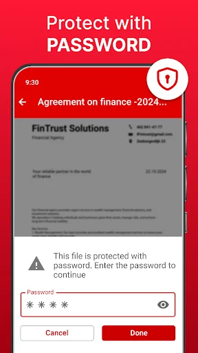 Password protection screen for PDF documents showing secure file access with password entry field and Done button