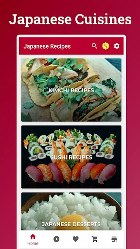 Japanese Recipes cookbook app home screen showing kimchi, sushi, and dessert recipe categories