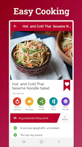 Thai sesame noodle salad recipe with ingredients list, calories, servings, and cooking time details