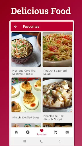 Favorites section displaying saved Asian recipes including Thai noodles, spaghetti, and kimchi dishes