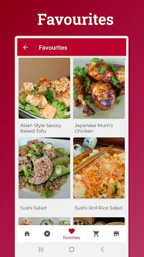 Favorites gallery showing Asian-style tofu, Japanese chicken, sushi salad, and sushi roll recipes