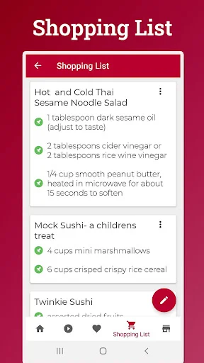 Shopping list feature with ingredients for Thai noodle salad, mock sushi, and twinkie sushi recipes