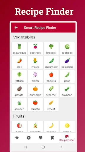 Smart recipe finder tool with vegetable and fruit ingredient icons for searching Japanese recipes