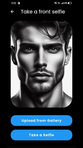 Facemax app front selfie capture screen with male face example and Upload from Gallery or Take a Selfie buttons