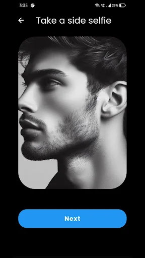 Facemax side profile selfie capture interface showing male face angle example with Next button for face analysis