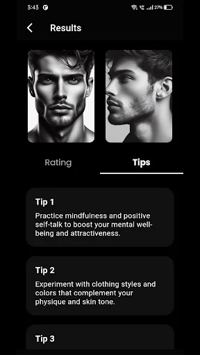 Facemax AI results screen displaying front and side face photos with Tips tab showing mindfulness and style advice