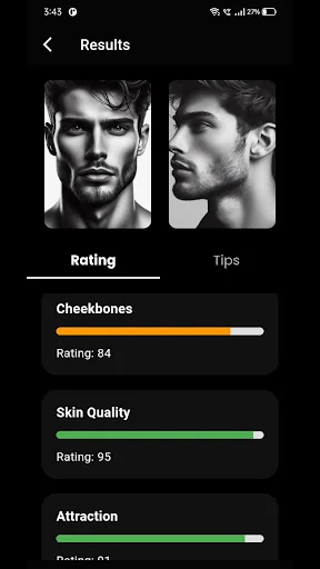 Facemax face rating results showing Cheekbones 84, Skin Quality 95, and Attraction scores with analysis bars