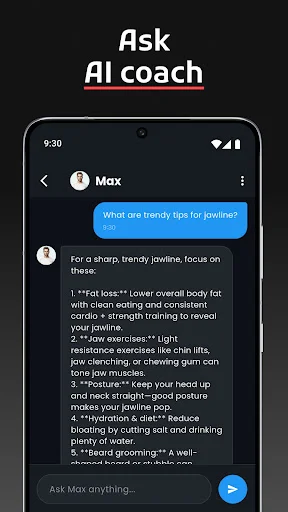 AI Coach chat interface with Max assistant answering questions about jawline and facial improvement tips