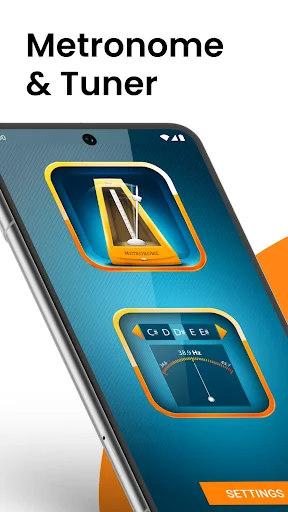 Drum Tuner Metronome Beats app overview showing dual metronome and tuner interface with orange accent design