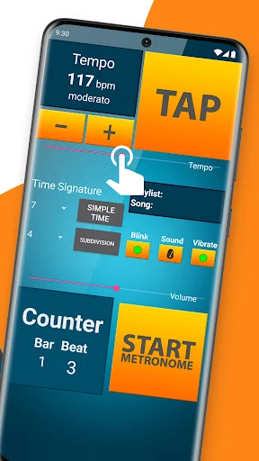 Metronome interface at 117 BPM with tempo controls, time signature settings, and tap-to-start functionality