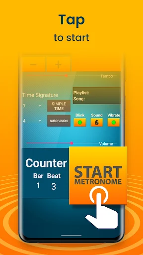 Metronome start screen with tap gesture prompt and tempo adjustment controls for precise beat timing