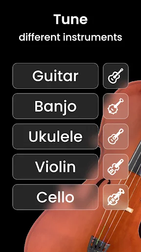 Instrument tuner selection menu featuring Guitar, Banjo, Ukulele, Violin, and Cello tuning options