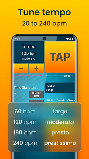 Tempo range selector from 20-240 BPM with musical terms like largo, moderato, presto for beat precision