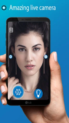 Mirror App beauty camera showing woman's face with live view, brightness and capture controls for makeup application